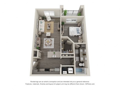 Floor plan for 1 bed, 1 bath, 828 sqft